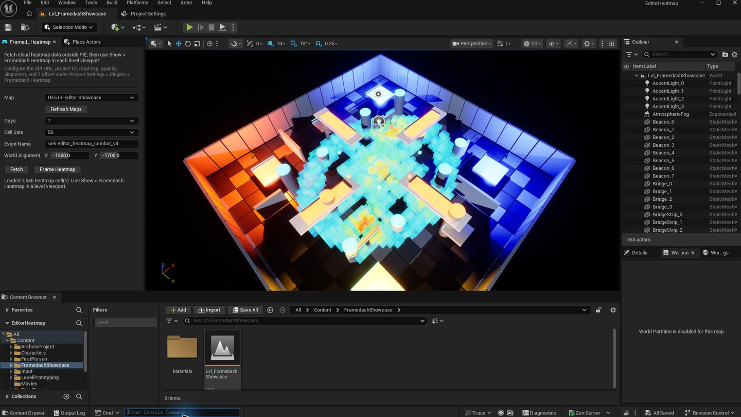 The Framedash Heatmap fetch panel beside a level viewport displaying 3D voxels in Unreal Engine 5